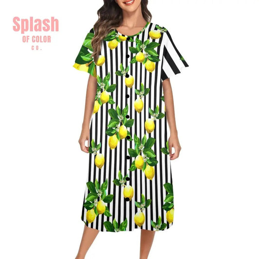 Zesty Lemon Black And White Striped Preppy Women’s Muumuu Dress XS Pajamas