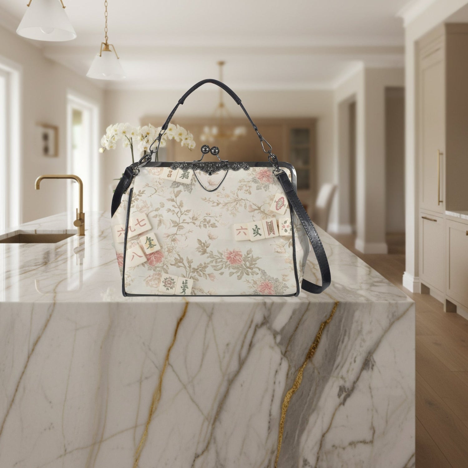 Vintage Mahjong Tile Floral Kisslock Modern Handbag Purse
