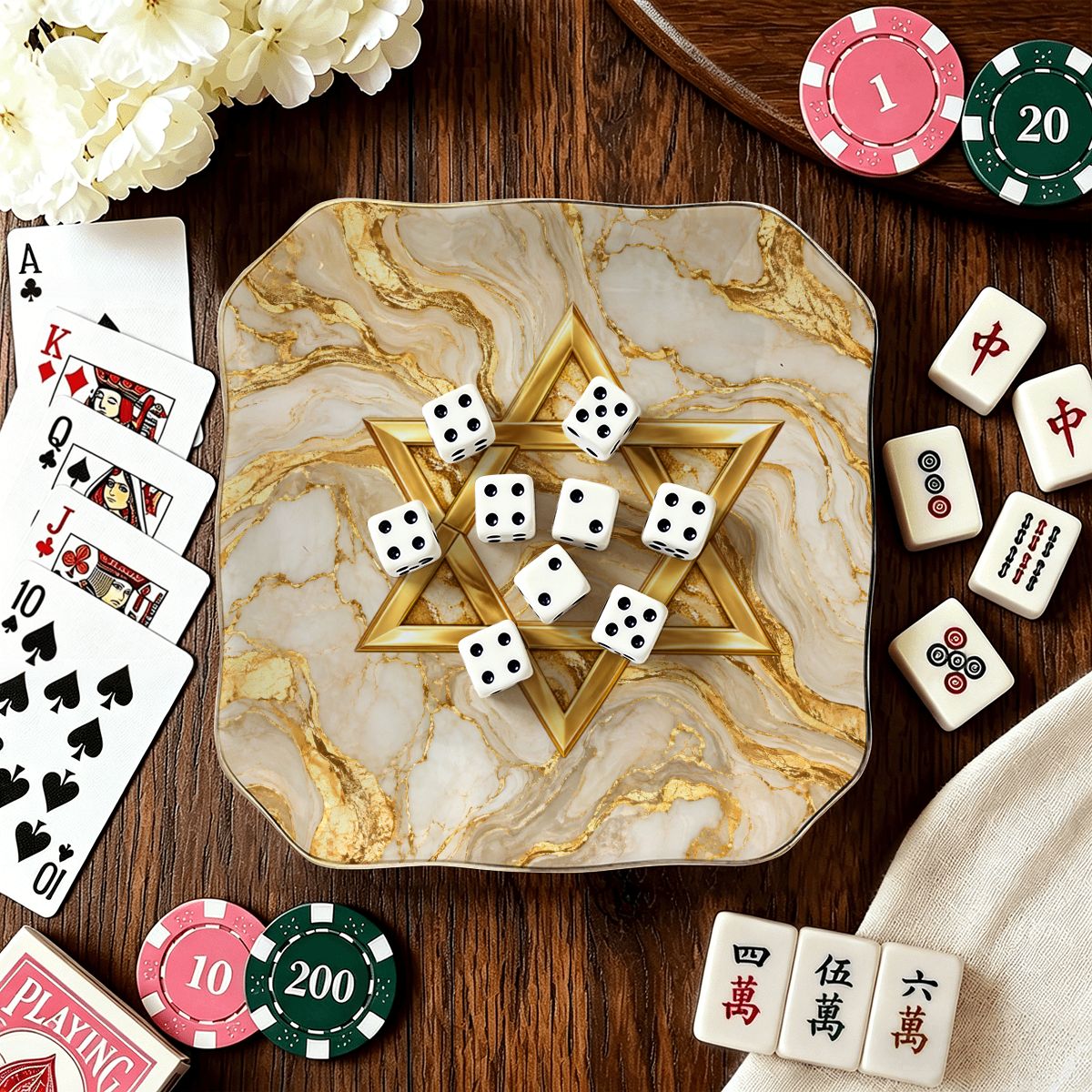 Gold Marbled Star Of David Scalloped Ceramic Mahjong Dice Tray - Splash Of Mahj And Color Co.