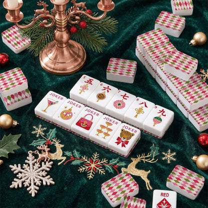 Vintage Shiny Brite Harlequin Christmas Pink And Green Glam Holiday Christmas Engraved Mahjong Tiles And Carry Case