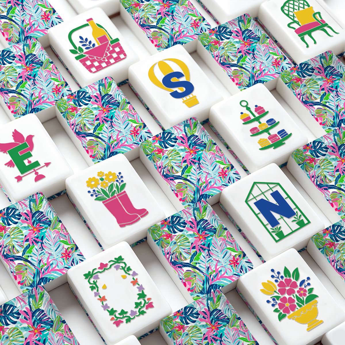 Preppy Pastel Lilly On The Lanai Floral Garden Mahjong Tiles And Carry Case