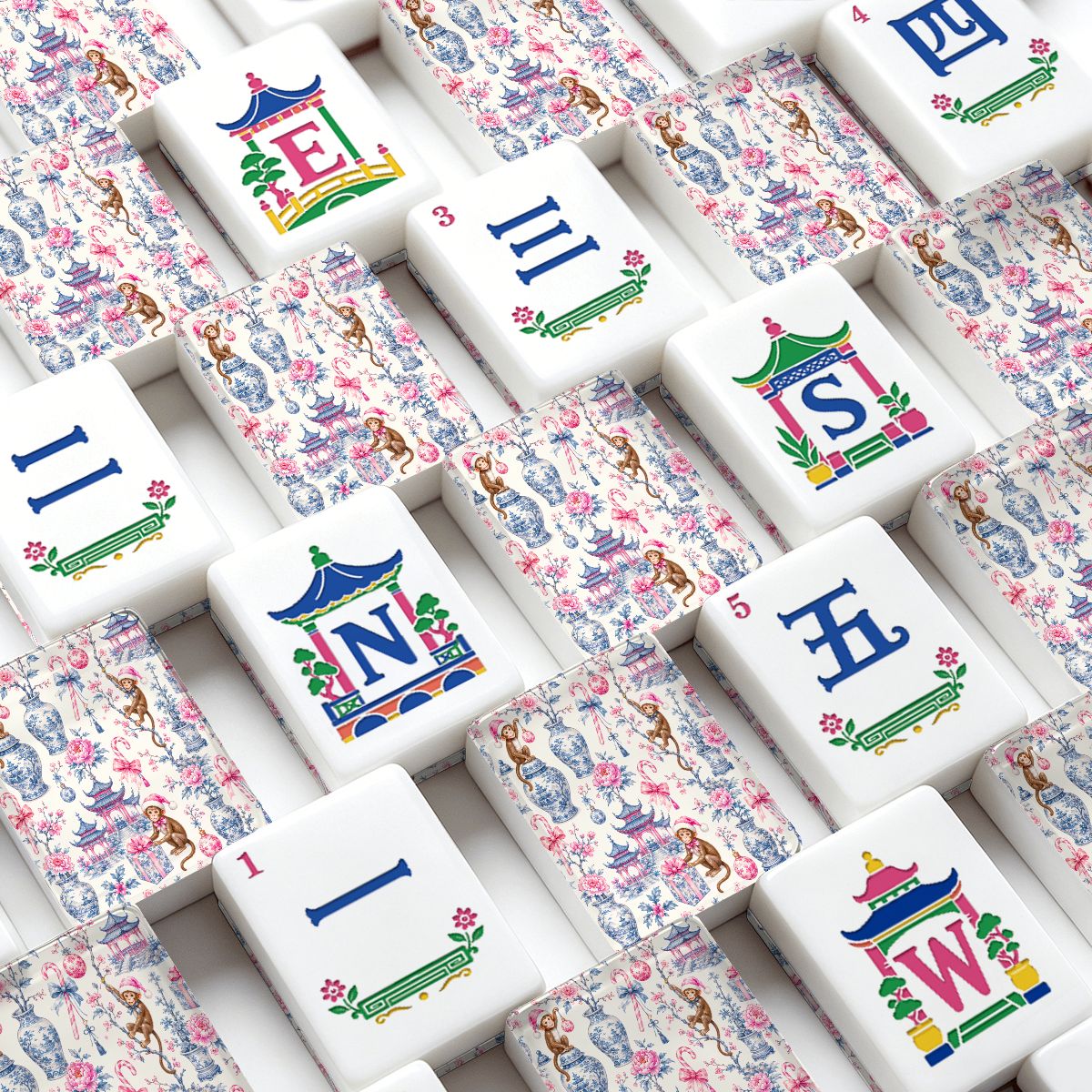 Monkey Elves Chinoiserie Pastel American Mahjong Tiles And Carry Case