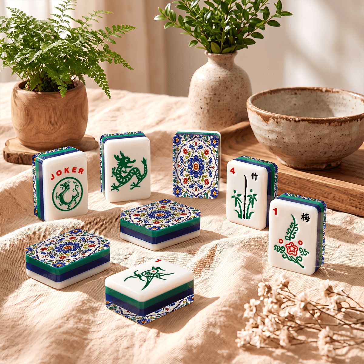 Blue Pottery Porcelain 4Layer American Mahjong Tiles  Blue  Green With Carry Case
