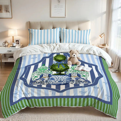 Chinoiserie Staffordshire Watercolor Dogs, Green Blue Preppy Queen Duvet Cover Set - Splash of Color Co.