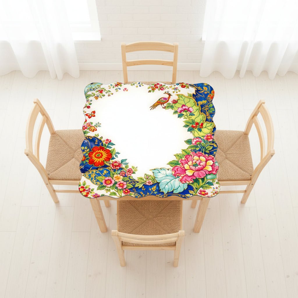 Tobacco Leaf Asian Chinoiserie Floral Scalloped Mahjong Mat - Splash of Color Co.