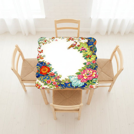 Tobacco Leaf Asian Chinoiserie Floral Scalloped Mahjong Mat - Splash of Color Co.