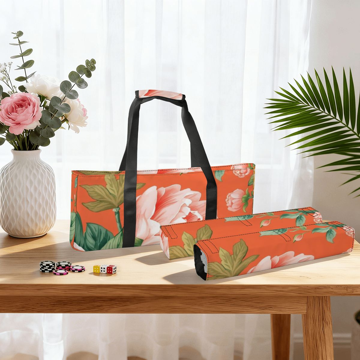 Orange Asian Blossom Bundle Mahjong Bag Set For Tiles And Racks - Splash of Color Co.