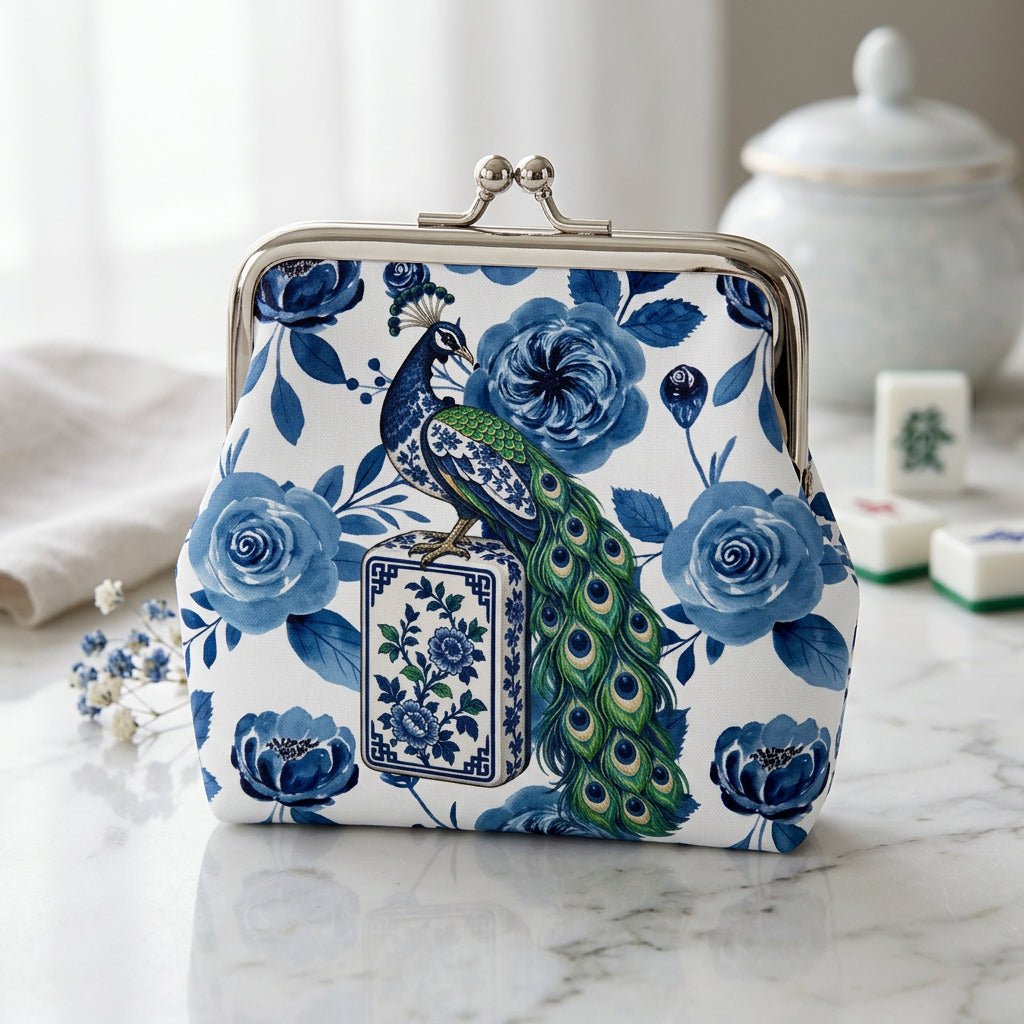 Proud As A Peacock Blue Chinoiserie Mahjong Women's Leather Kiss Lock Coin Purse - Splash Of Mahj And Color Co.