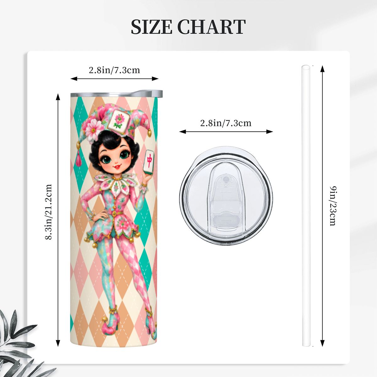 Mahjie The Mascot Whimsical Harlequin Mahjong Lover 20oz Straight Stainless Steel Tumbler with Straw - Splash Of Mahj And Color Co.