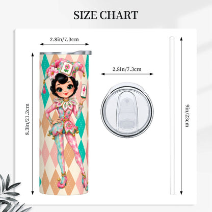 Mahjie The Mascot Whimsical Harlequin Mahjong Lover 20oz Straight Stainless Steel Tumbler with Straw - Splash Of Mahj And Color Co.
