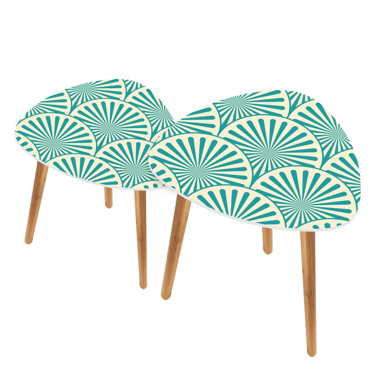 Art Deco Teal Blue Geometric Fan Designed Modern NestingTriangle Coffee Table Set of 2 - Splash of Color Co.