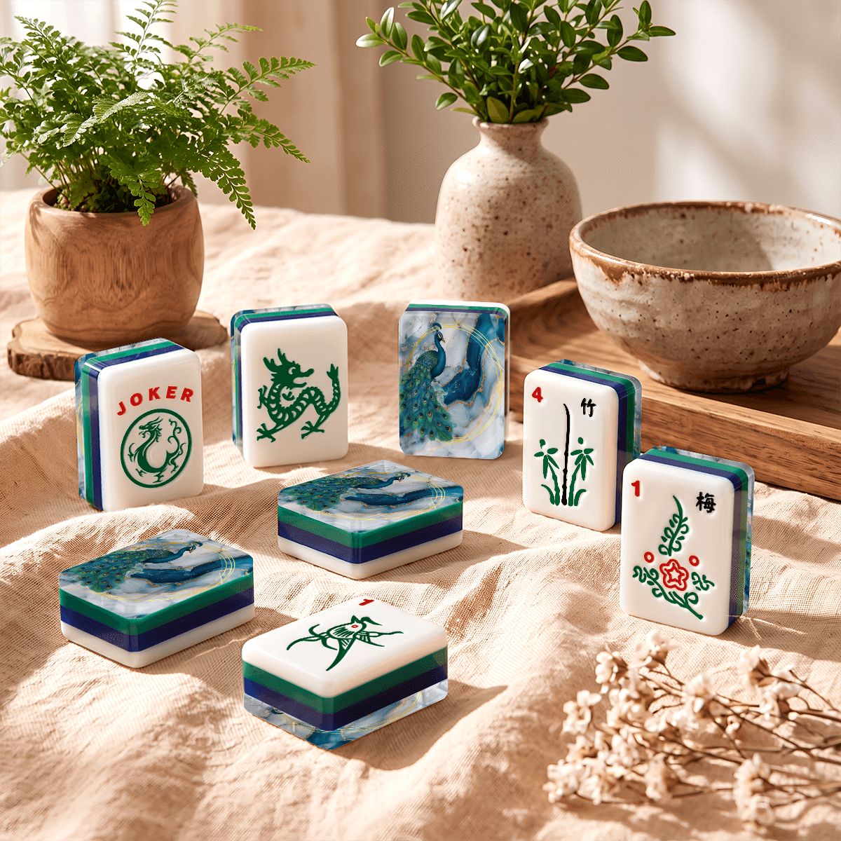 Elegant Floral Peacock 4Layer American Mahjong Tiles  Blue  Green With Carry Case