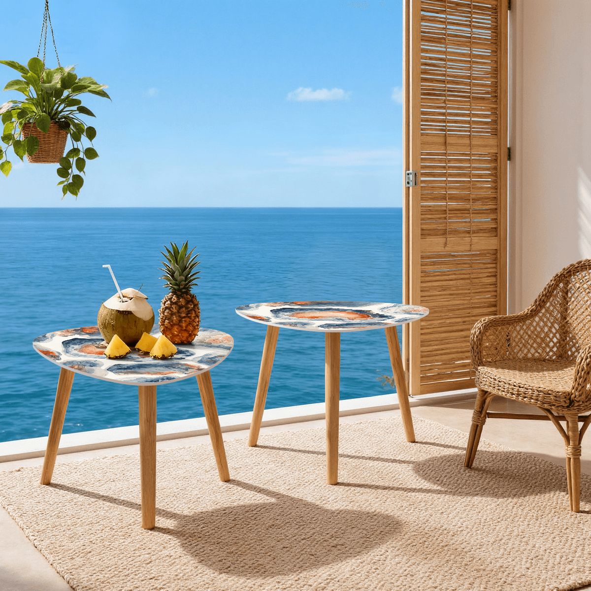 Watercolor Blue Oyster Modern Nesting Tables Triangle Coffee Table Set of 2 - Splash of Color Co.