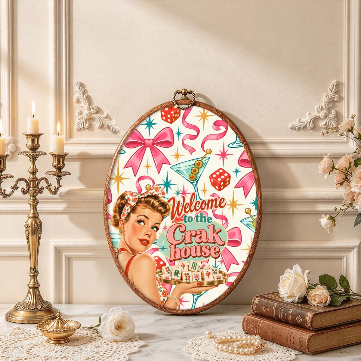 Mahjong Room Funny Welcome To The Crak House Vintage Oval Wall Art Framed Canvas Print - Splash Of Mahj And Color Co.