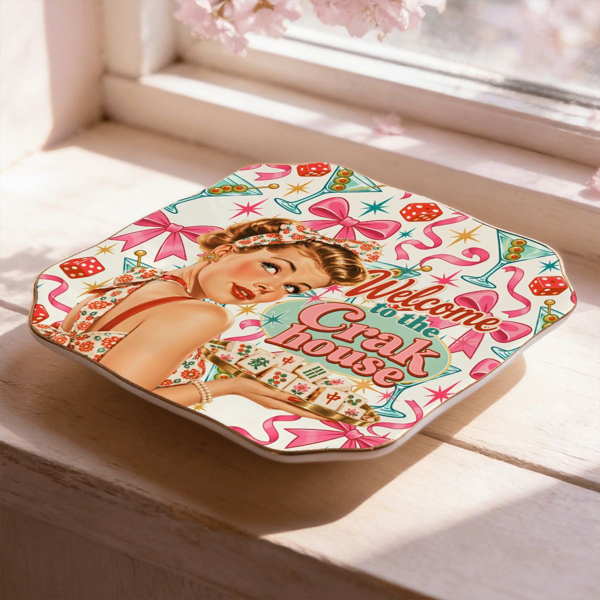 Funny Mahjong Scalloped Ceramic Mahjong Dice Tray Nostalgic Welcome To The Crak House - Splash Of Mahj And Color Co.
