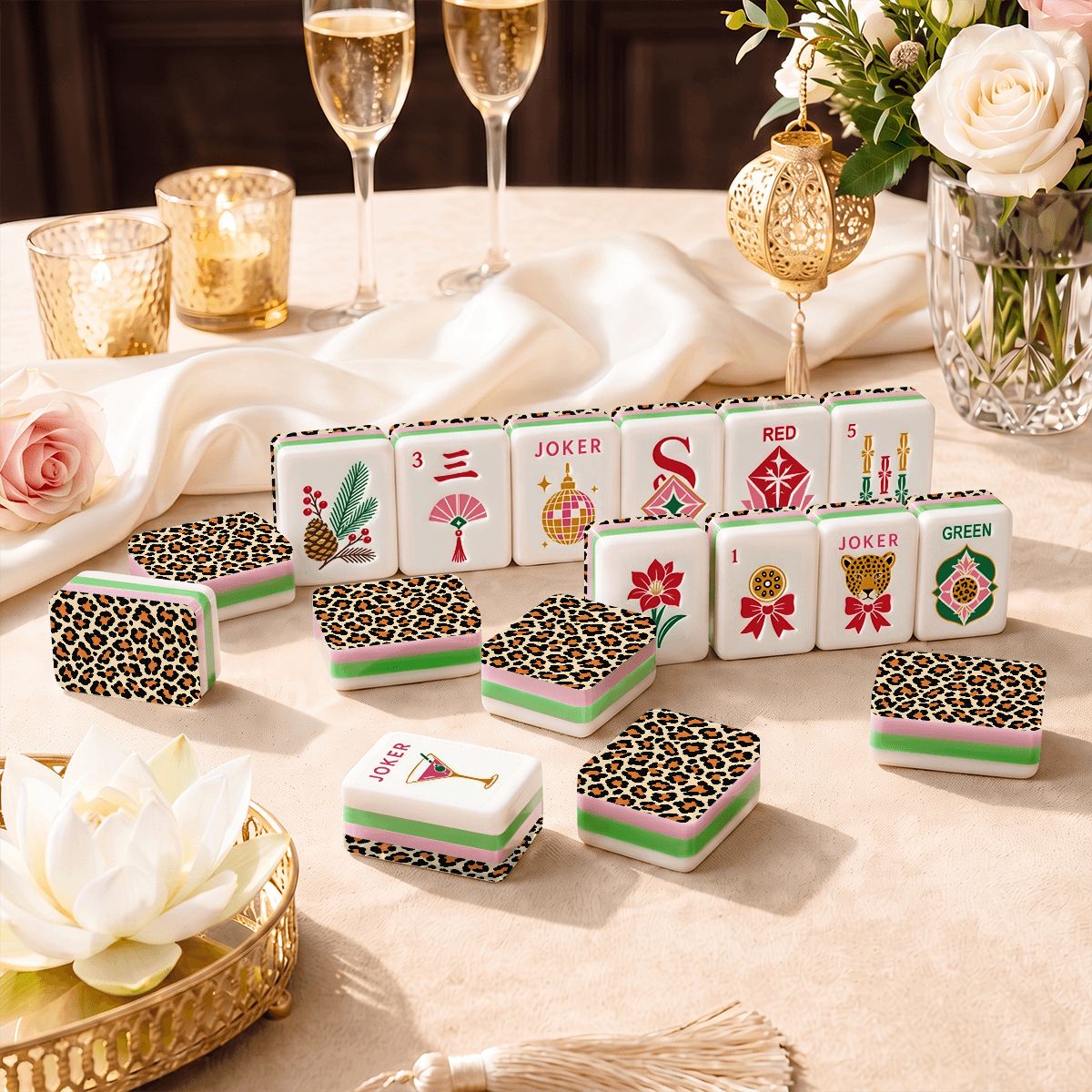 Wild Side Leopard Print 4 Layer Glam Holiday American Mahjong Tiles And Carry Case - Splash Of Mahj And Color Co.
