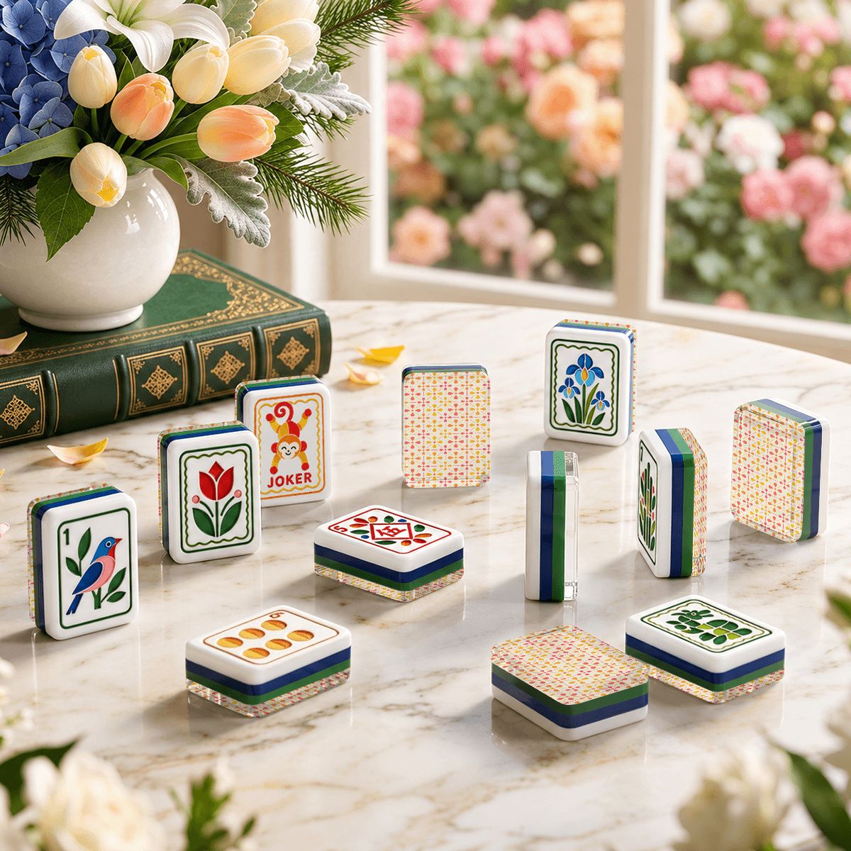 Modern Scandinavian Folk American Mahjong Tiles 4 Layer Acrylic With Carry Case - Splash Of Mahj And Color Co.