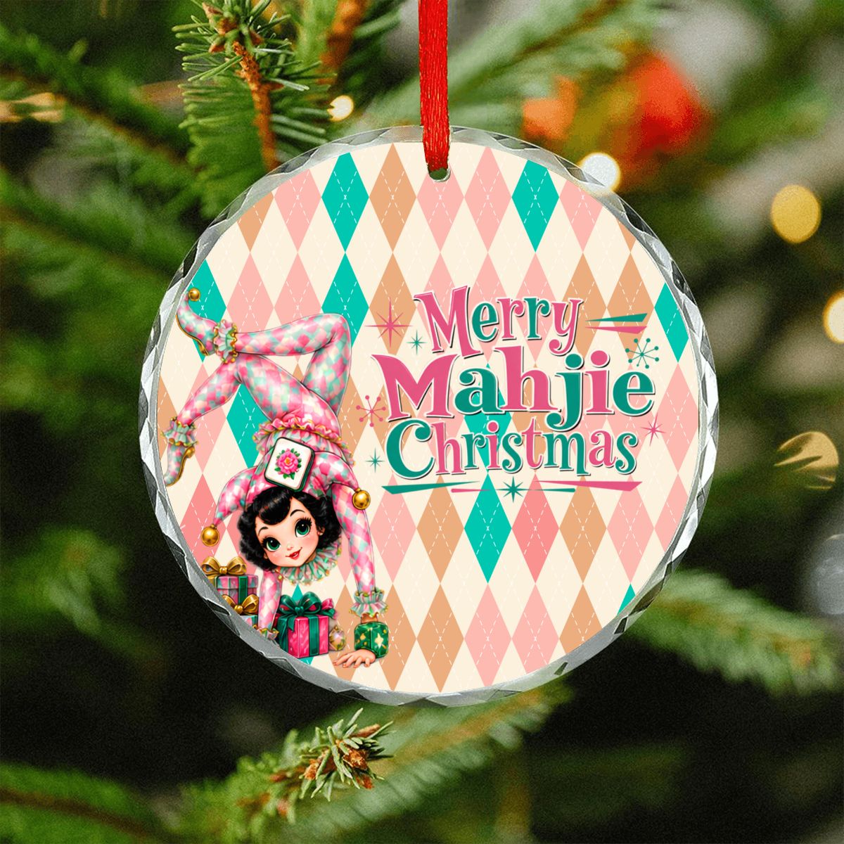 Merry Mahjie Christmas Flipping For Mahjong Harlequin Designed Round Glass Christmas Ornament