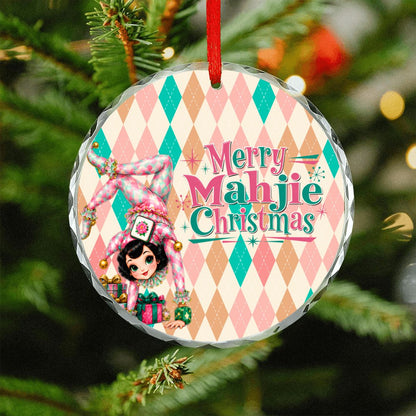 Merry Mahjie Christmas Flipping For Mahjong Harlequin Designed Round Glass Christmas Ornament