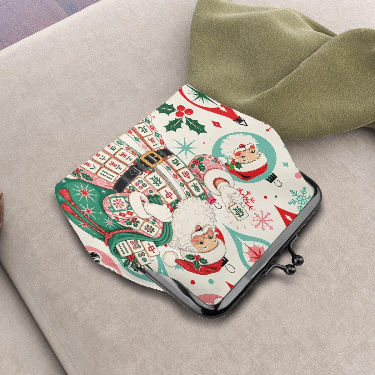 Nostalgic Jolly Mahjong Santa Women's Leather Kiss Lock Coin Purse