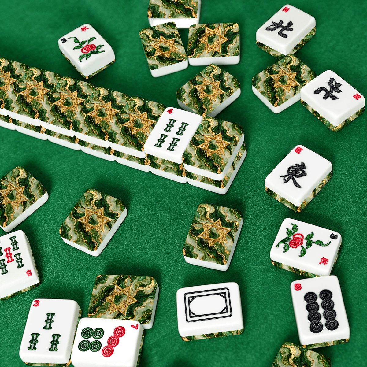 Star Of David Marbled Green Gold American Mahjong Tiles And Carry Case