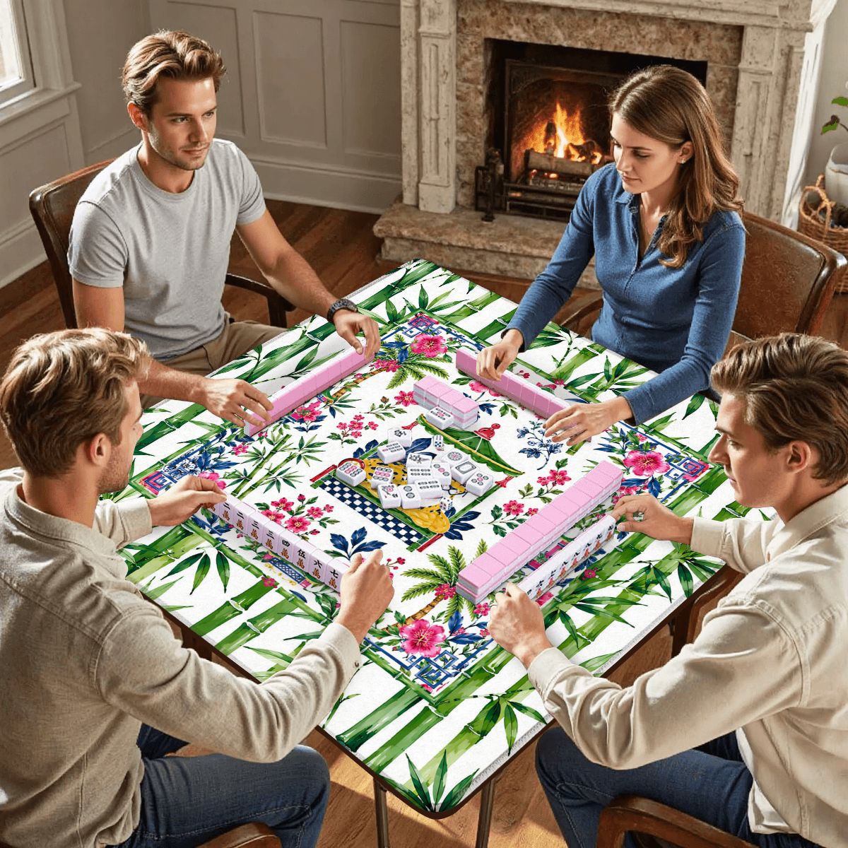 Asian Bamboo Chinoiserie Tigeress Mahjong Mat 33"x33" (Ship Rolled up)