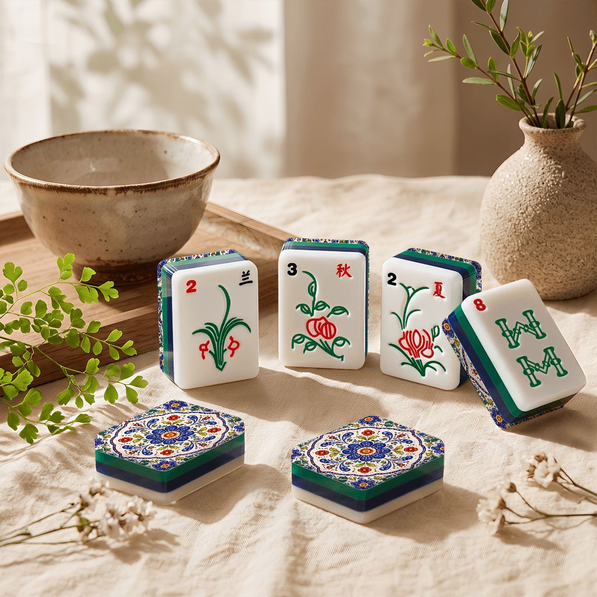 Blue Pottery Porcelain 4Layer American Mahjong Tiles  Blue  Green With Carry Case