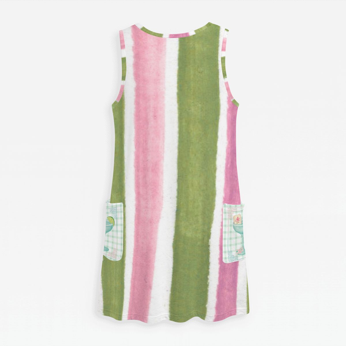 Preppy Watercolor Green And Pink Striped Mahjong Women's Sleeveless Dress with Pockets - Splash of Color Co.