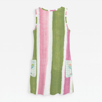 Preppy Watercolor Green And Pink Striped Mahjong Women's Sleeveless Dress with Pockets - Splash of Color Co.