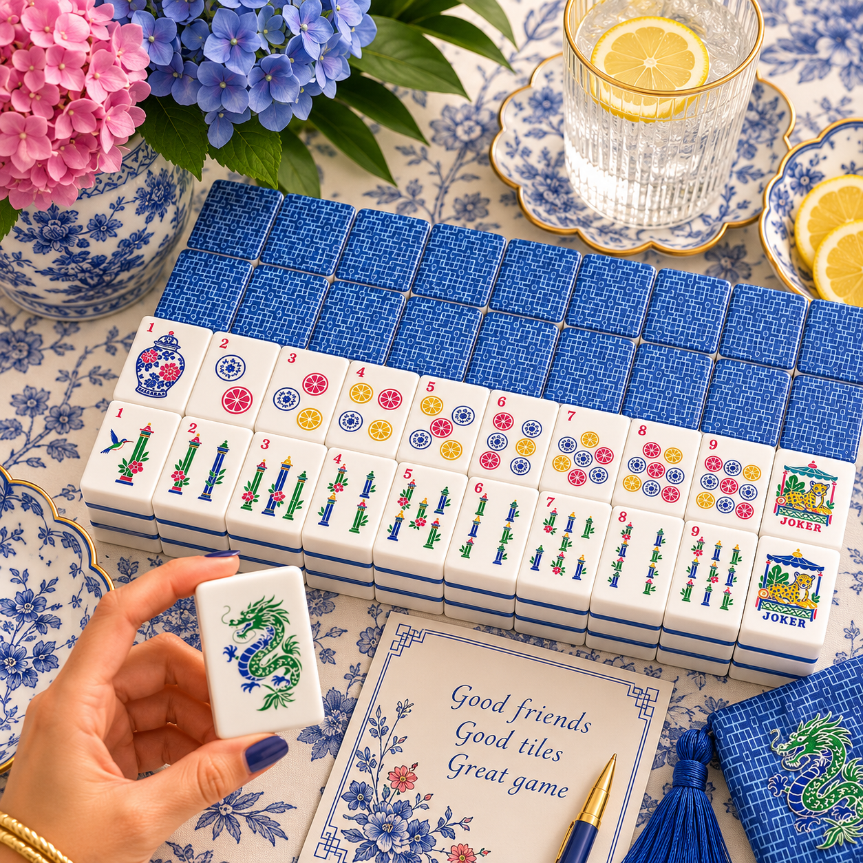 Modern Geometric Blue Chinoiserie Pastel Engraved Mahjong Tiles And Carry Case