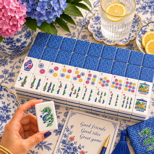 Modern Geometric Blue Chinoiserie Pastel Engraved Mahjong Tiles And Carry Case - Splash Of Mahj And Color Co.