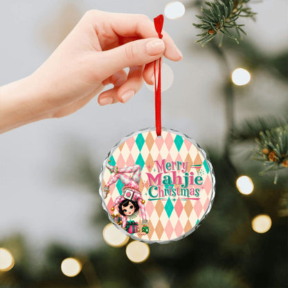 Merry Mahjie Christmas Flipping For Mahjong Harlequin Designed Round Glass Christmas Ornament