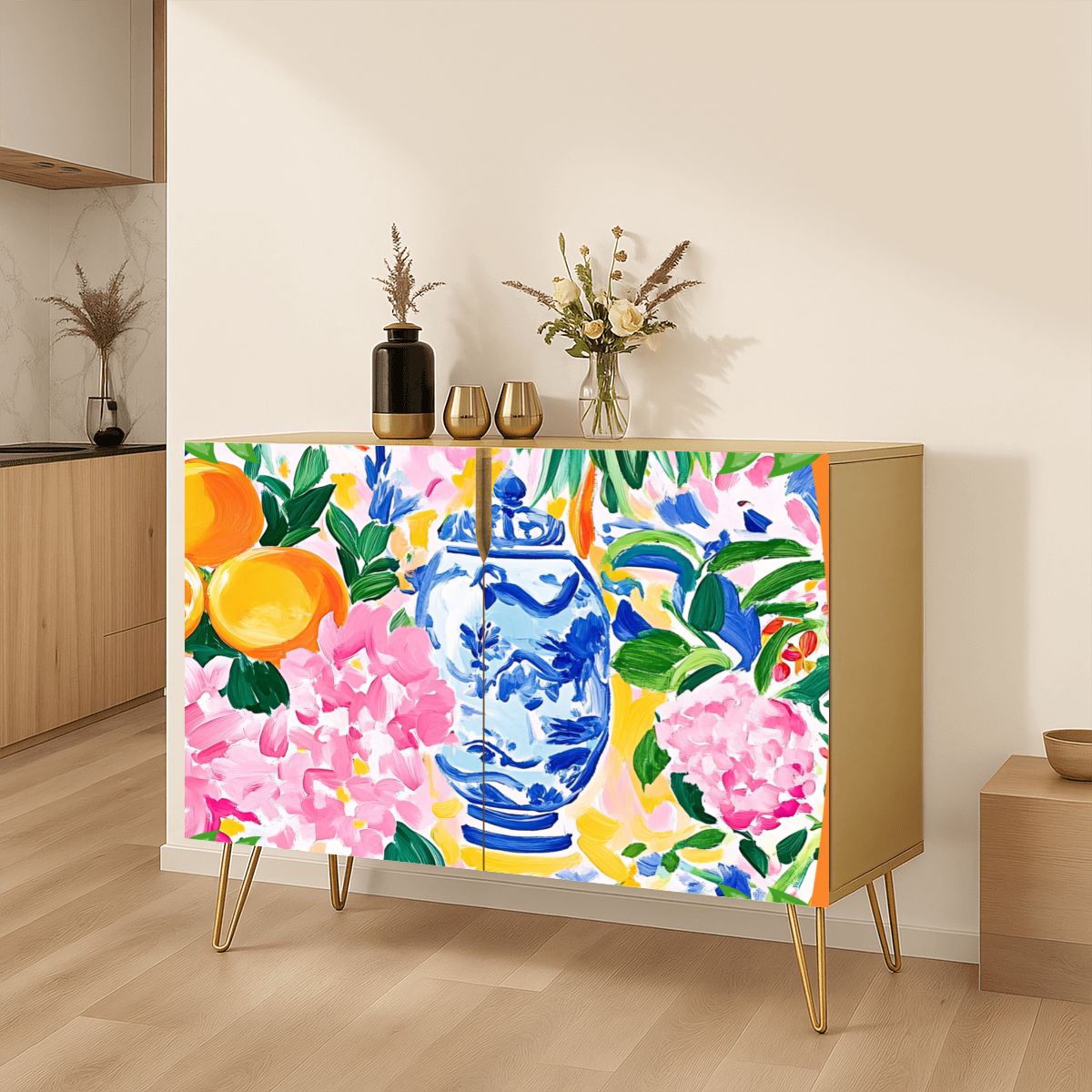 Chinoiserie Watercolor Citrus Mahjong Tiles And Accessories Sideboard Credenza - Splash Of Mahj And Color Co.