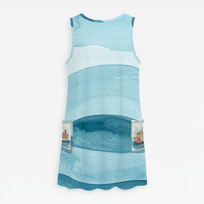 Mahjong Cruise Blue Wave Women's Sleeveless Dress with Pockets - Splash of Color Co.