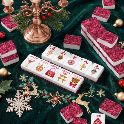 Hot Pink Wild Things Christmas Mahjong Tiles And Carry Case Glam Holiday - Splash Of Mahj And Color Co.