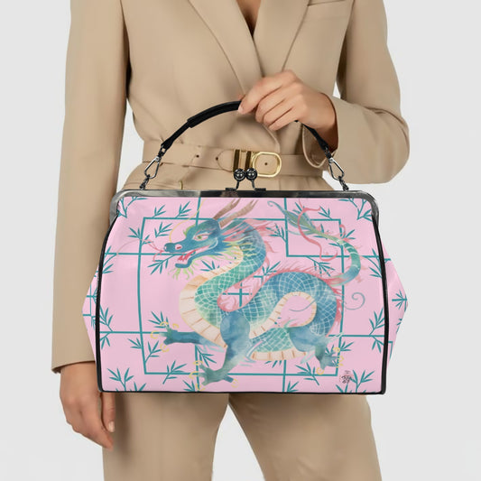 Hot Pink Watercolor Dragon Preppy Kisslock Handbag, Shoulder Bag Kisslock Crossbody Shoulder Bag - Splash of Color Co.