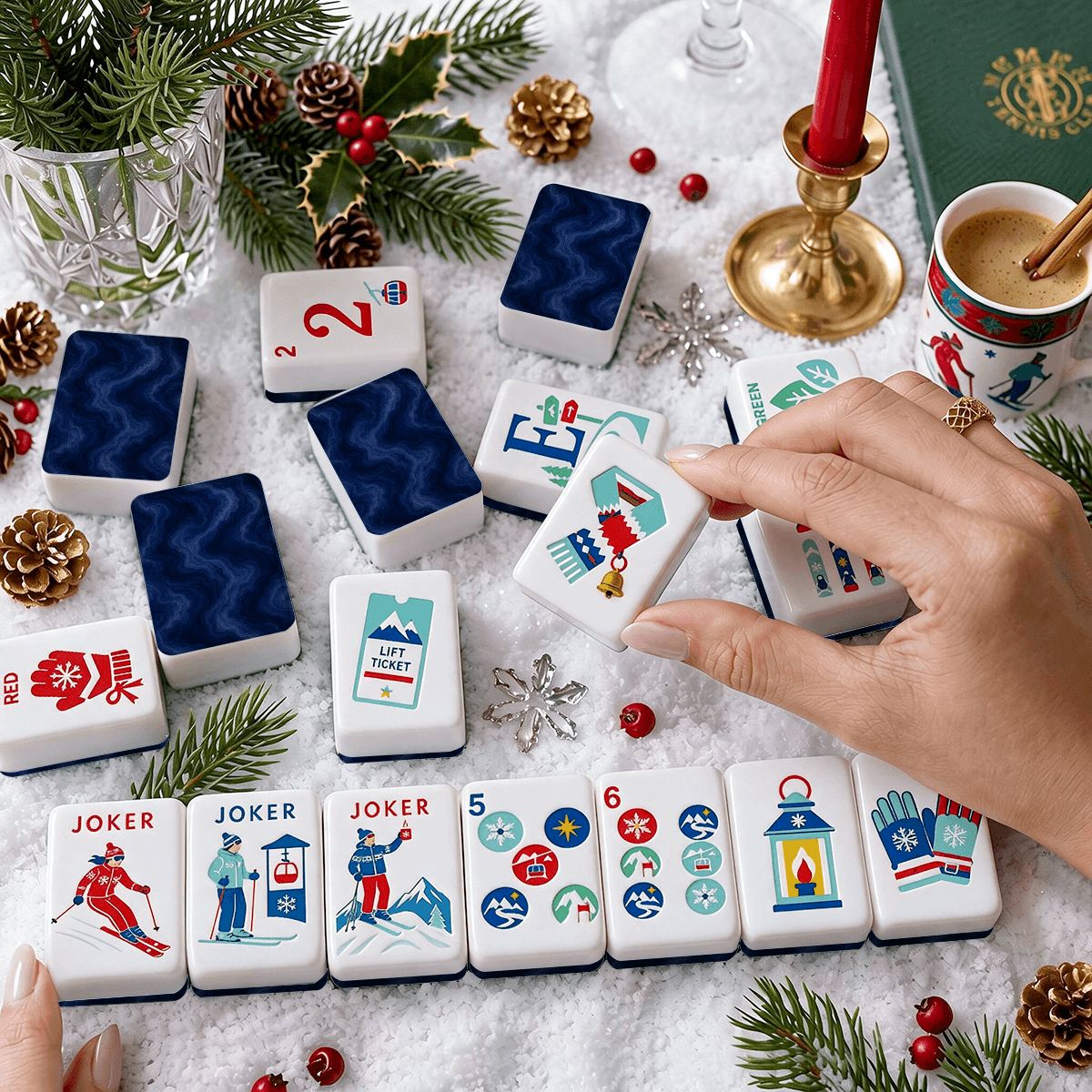Winter Blues Alpine Slopes ENGRAVED Christmas Mahjong Tiles And Carry Case - Splash Of Mahj And Color Co.