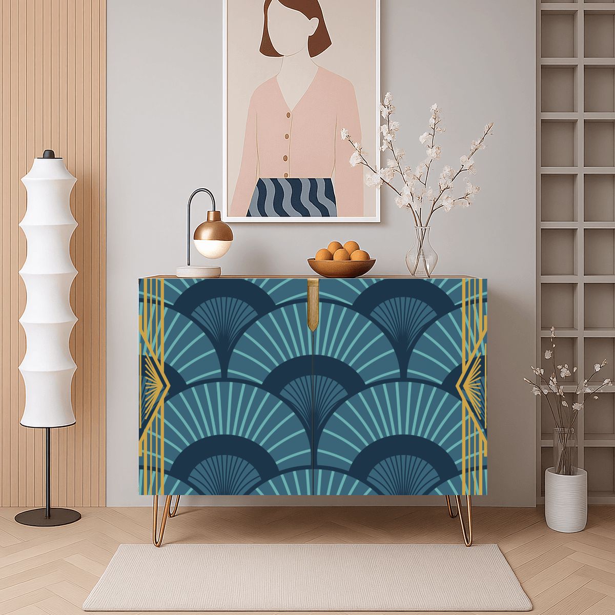 Art Deco Gold Gilded Royal Blue Modern Wooden Storage Cabinet - Splash of Color Co.