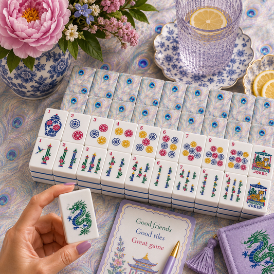 Iridescent Peacock Feathers Chinoiserie Engraved Mahjong Tiles With Carry Case - Splash Of Mahj And Color Co.