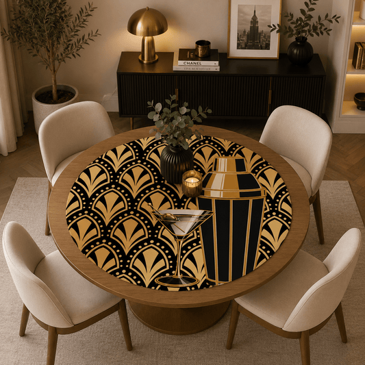 The Speakeasy Art Deco Martini Cocktail And Shaker Round Mahjong Mat - Splash Of Mahj And Color Co.