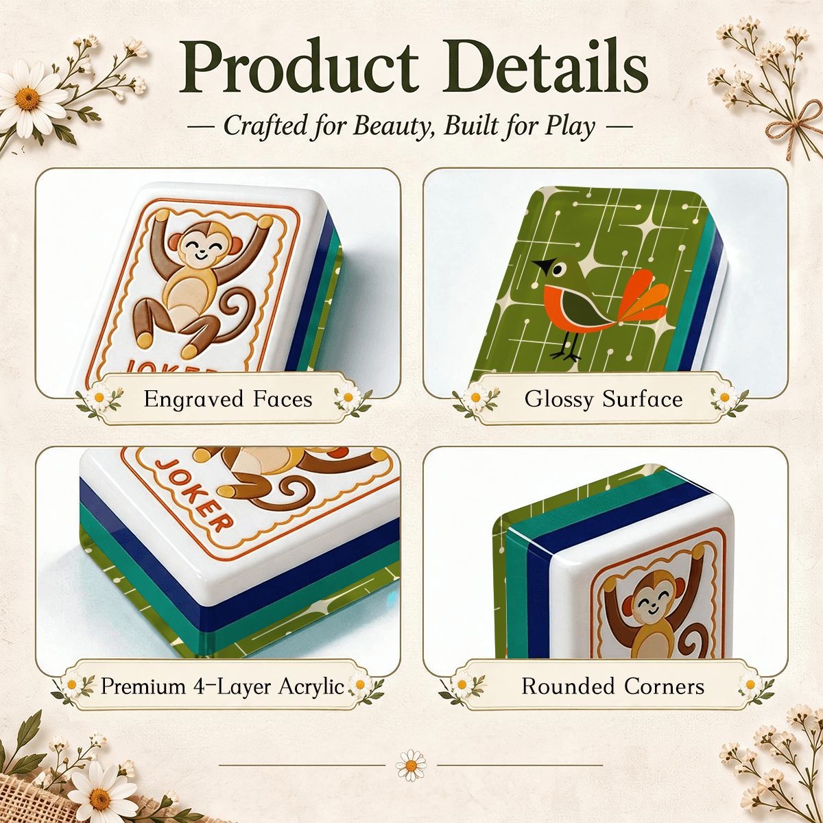 The Mod Squad Bird Club Modern Folk American Mahjong Tiles 4Layer Engraved Tiles - Splash Of Mahj And Color Co.