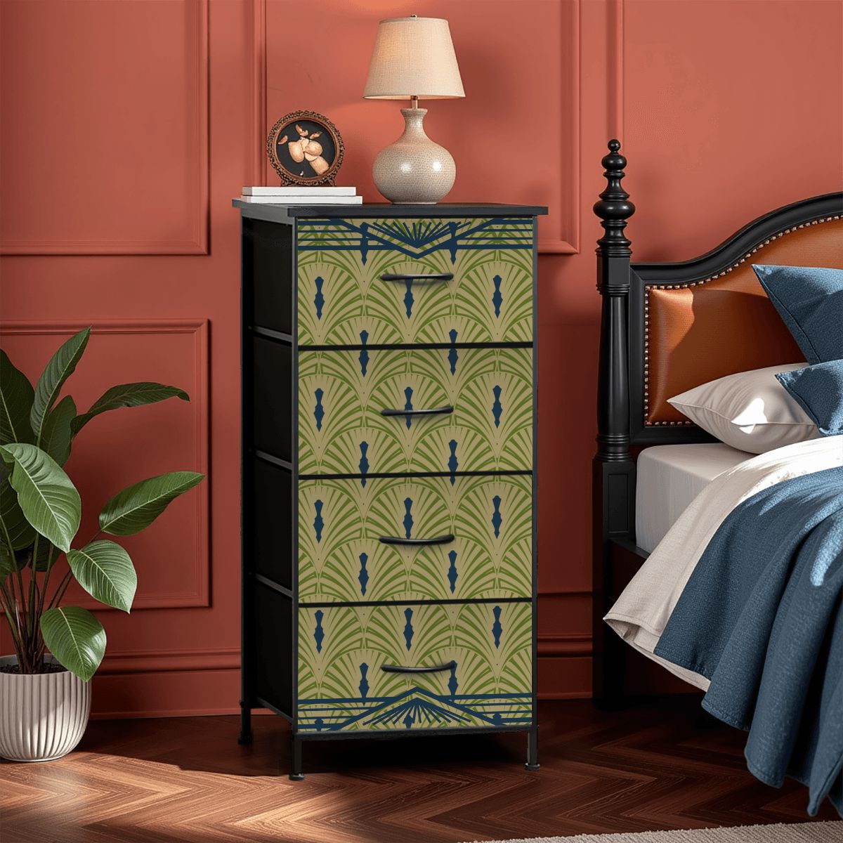 Art Deco Army Green, Royal Blue 4 - Drawer Dresser - Splash of Color Co.