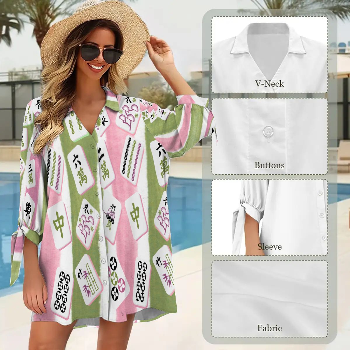 Mahjong Watercolor Tiles, Boho Women's Cardigan Shirt Three - Quarter Sleeve - Splash of Color Co.