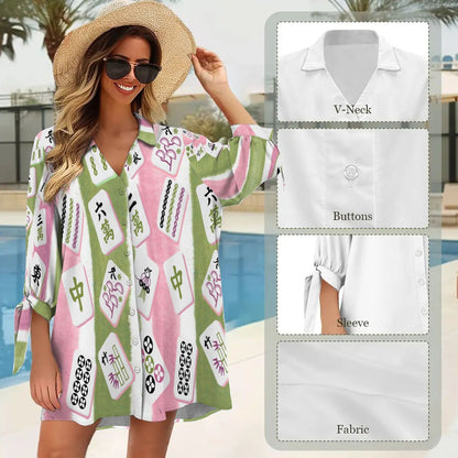 Mahjong Watercolor Tiles, Boho Women's Cardigan Shirt Three - Quarter Sleeve - Splash of Color Co.