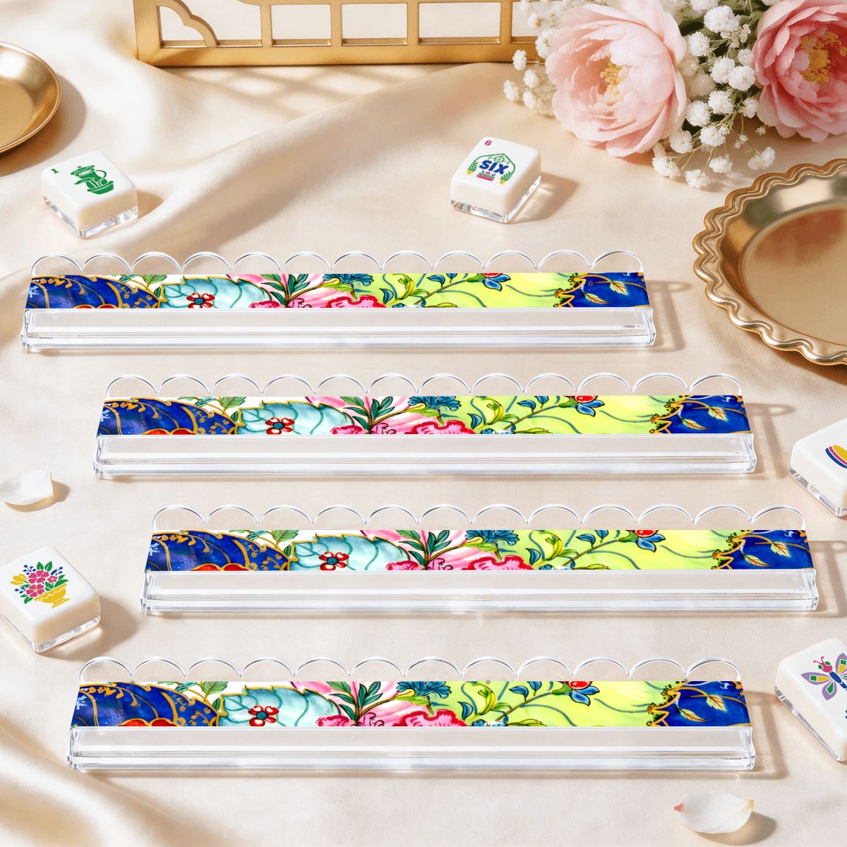 Tobacco Leaf Designed Extended Mahjong Rack Set of 4 Scalloped Magnetic Tile Pusher 20' - Splash Of Mahj And Color Co.