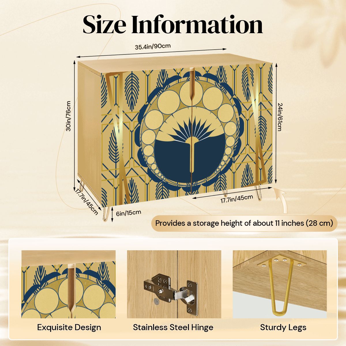 Palm Royale' Art Deco Modern Gold Royal Blue Wooden Storage Cabinet - Splash of Color Co.