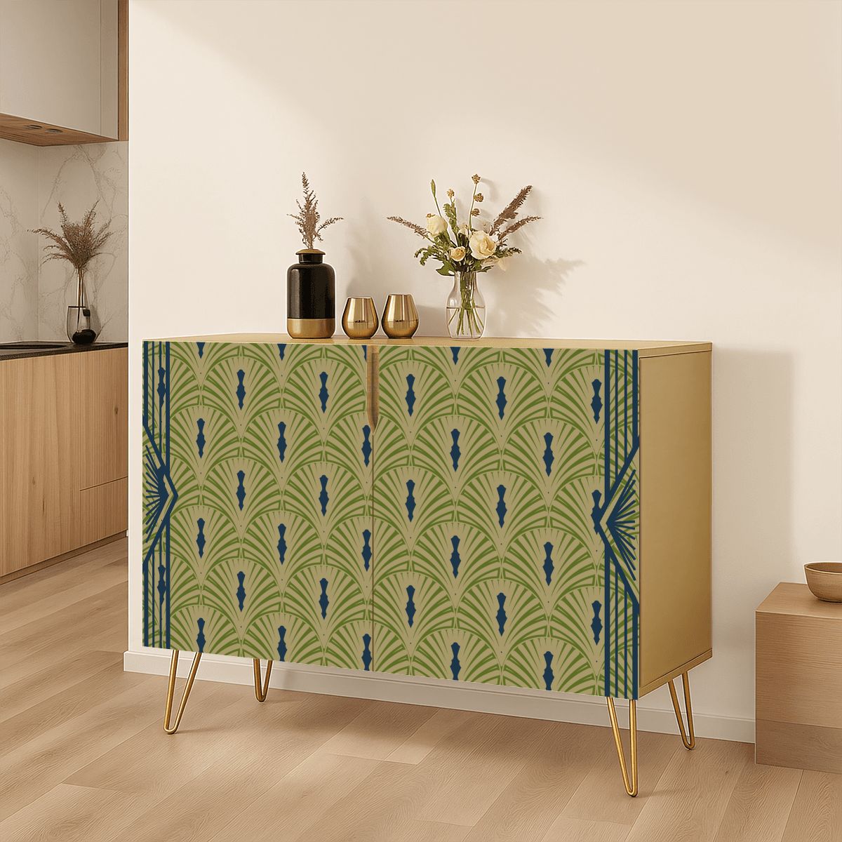 Art Deco Modern Wooden Storage Cabinet, Army Green, Royal Blue Fan Design - Splash of Color Co.