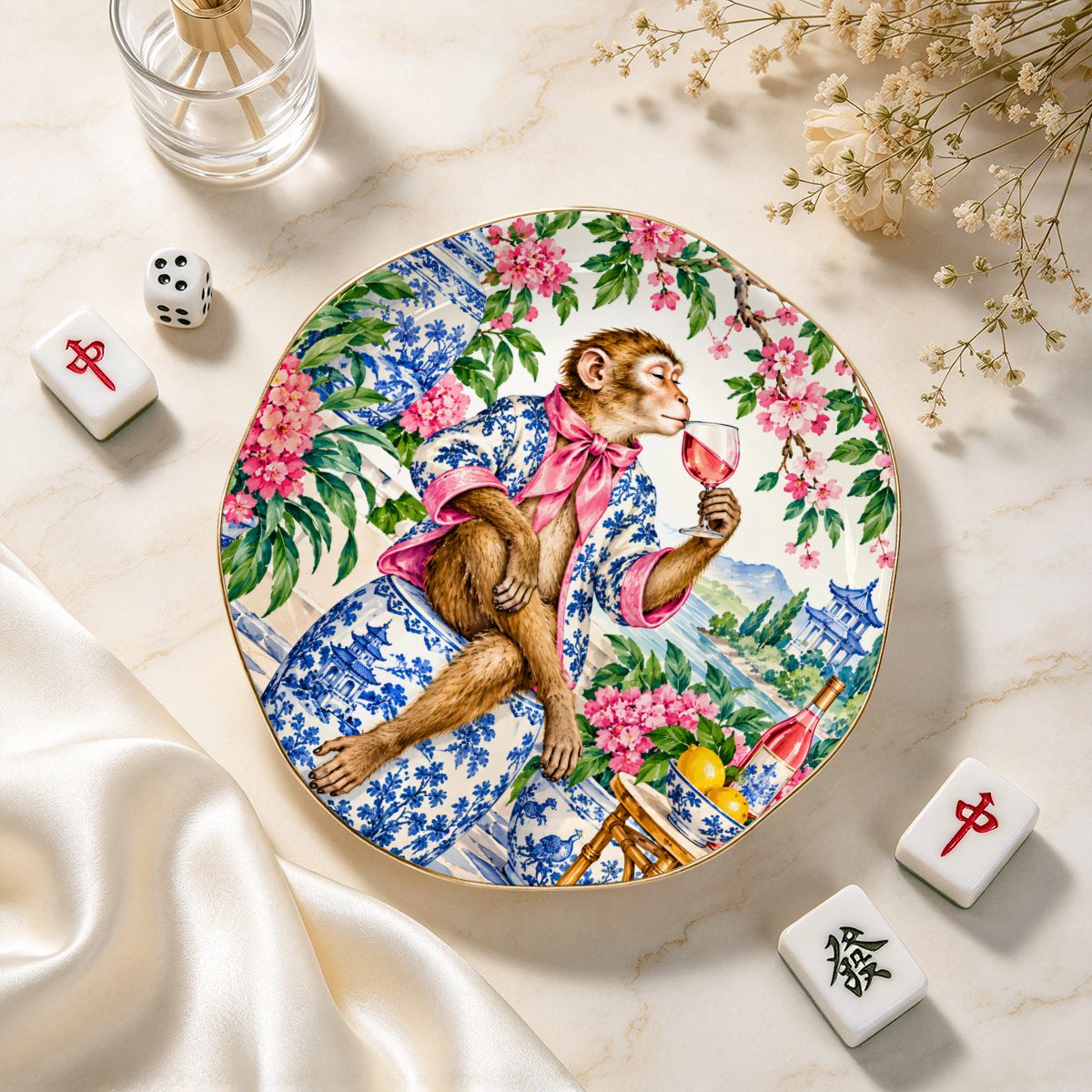 Grandmillenial Chinoiserie Monkey Round Scalloped Ceramic Mahjong Dice Tray - Splash Of Mahj And Color Co.