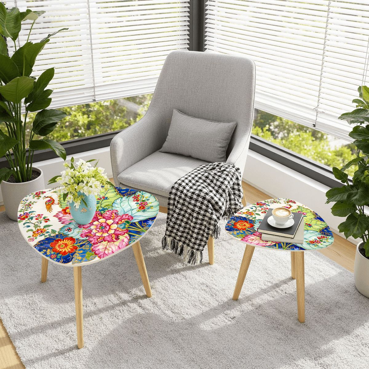 Asian Garden Chinoiserie Tobacco Leaf Floral Modern Nesting Tables - Splash of Color Co.