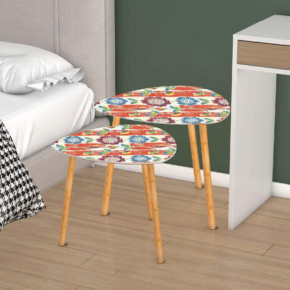 Vintage Floral Heritage Coral Blue Modern Nesting Tables Triangle Coffee Table Set of 2